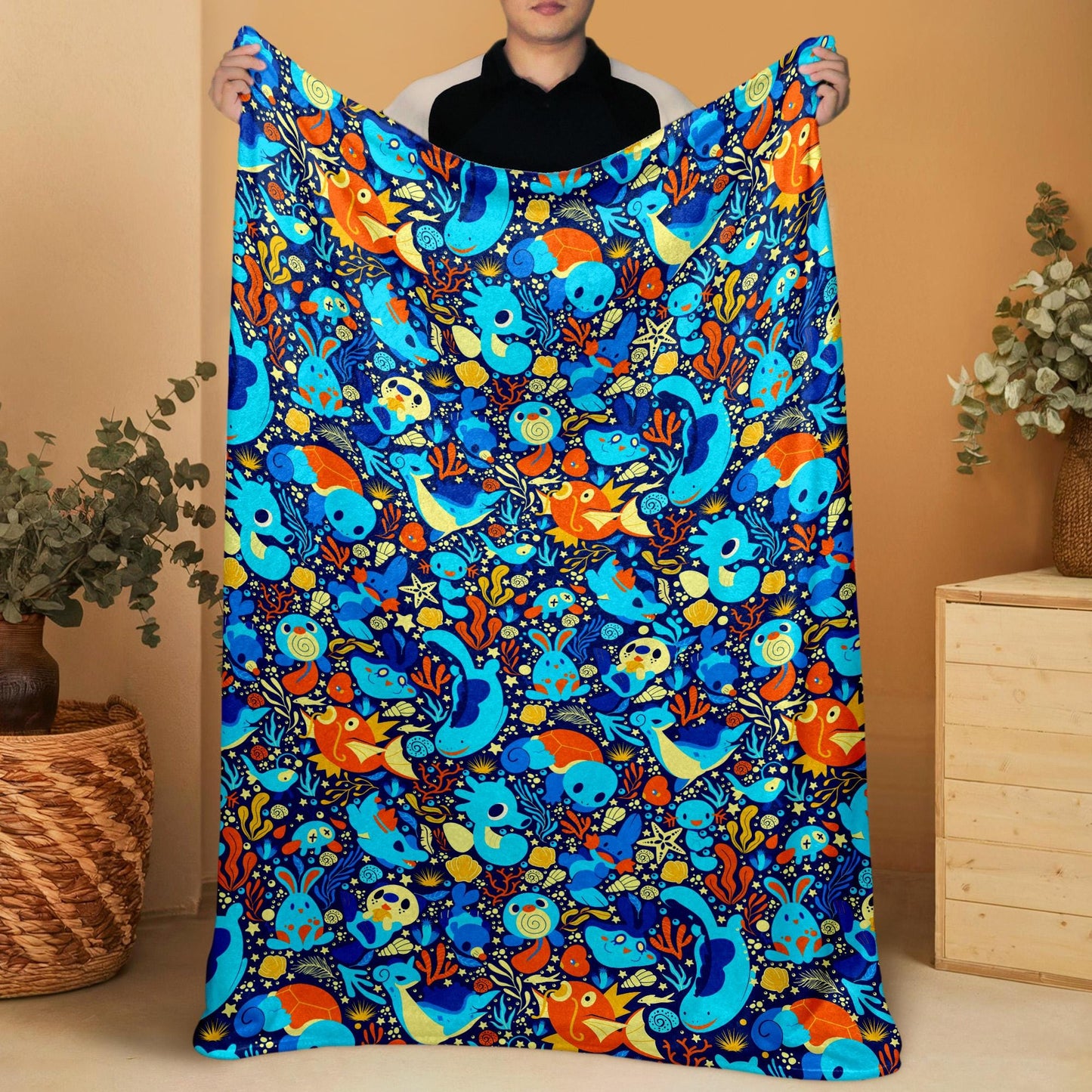 Magikarp and Squirtle Fleece Blanket, Cozy Throw Blanket with Water Type Pattern, Soft Cotton Blanket Gift, Magikarp Blanket Christmas Gift