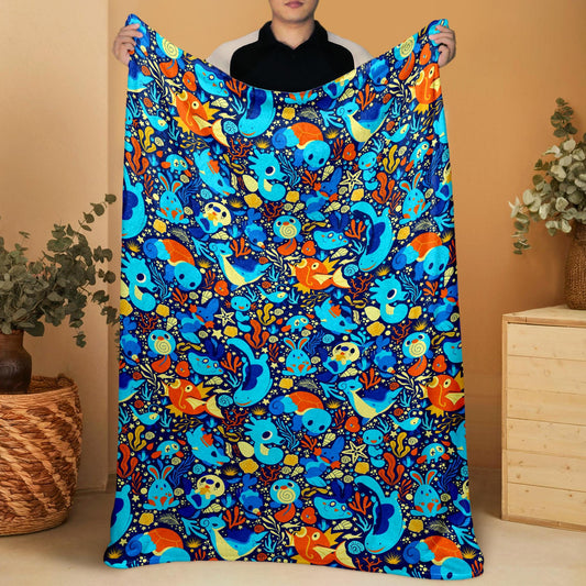 Magikarp and Squirtle Fleece Blanket, Cozy Throw Blanket with Water Type Pattern, Soft Cotton Blanket Gift, Magikarp Blanket Christmas Gift