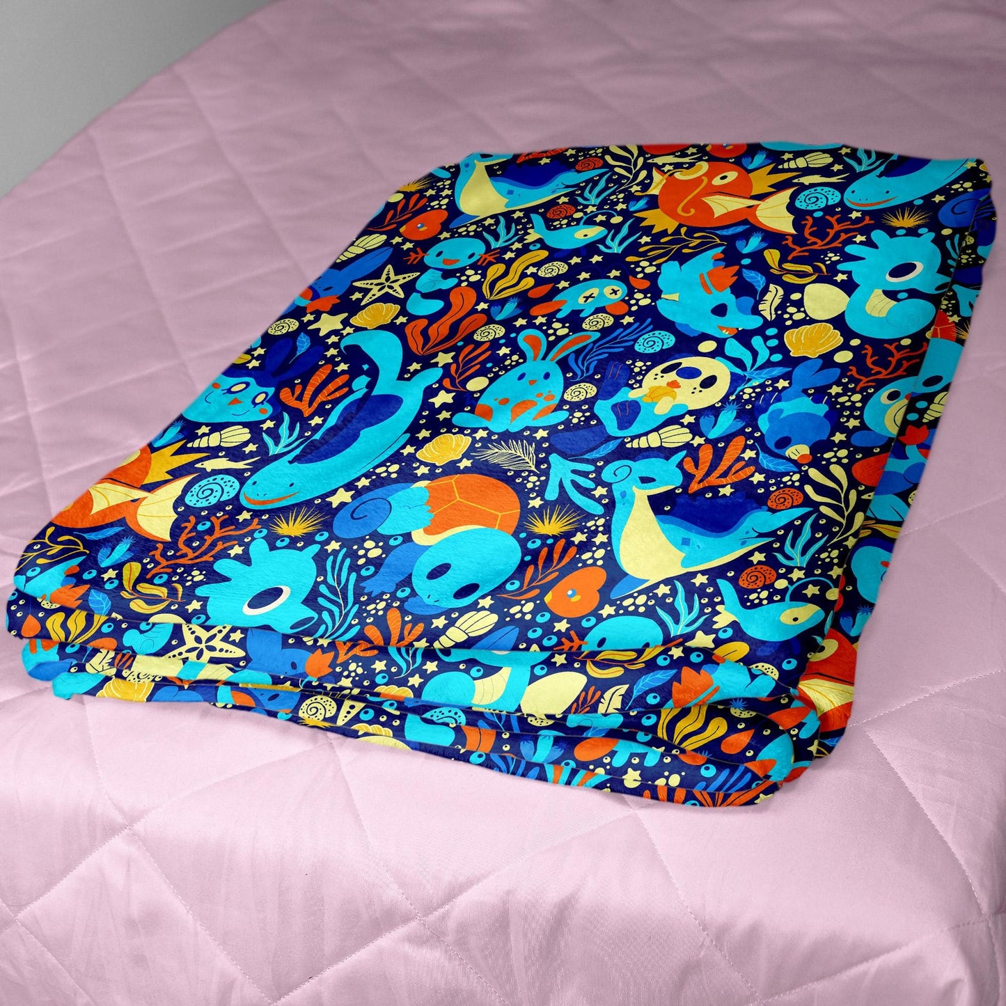 Magikarp and Squirtle Fleece Blanket, Cozy Throw Blanket with Water Type Pattern, Soft Cotton Blanket Gift, Magikarp Blanket Christmas Gift