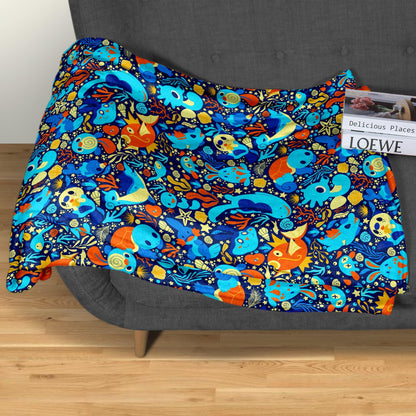 Magikarp and Squirtle Fleece Blanket, Cozy Throw Blanket with Water Type Pattern, Soft Cotton Blanket Gift, Magikarp Blanket Christmas Gift