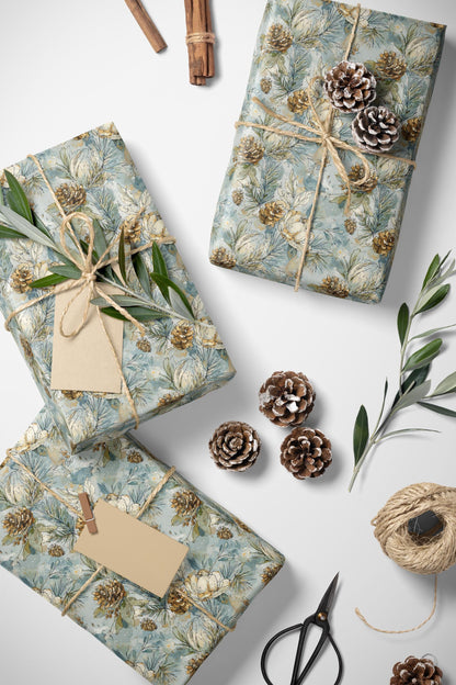 Winter Tree Wrapping Paper Roll, Christmas Gift Wrap with Pinecones and Woodland Decor Theme #13