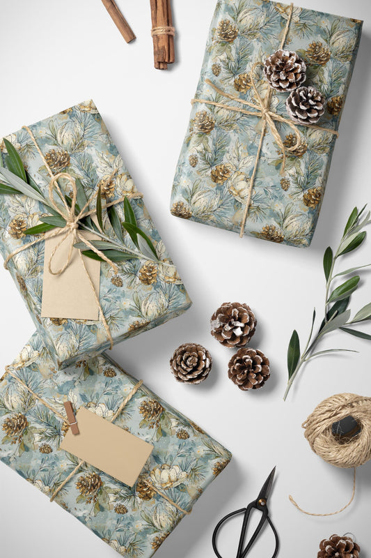 Winter Tree Wrapping Paper Roll, Christmas Gift Wrap with Pinecones and Woodland Decor Theme #13
