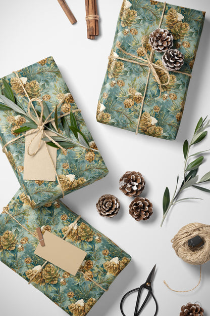Forest Pinecone Wrapping Paper Roll, Winter Trees Gift Wrap for Christmas Gifts and Holiday Season