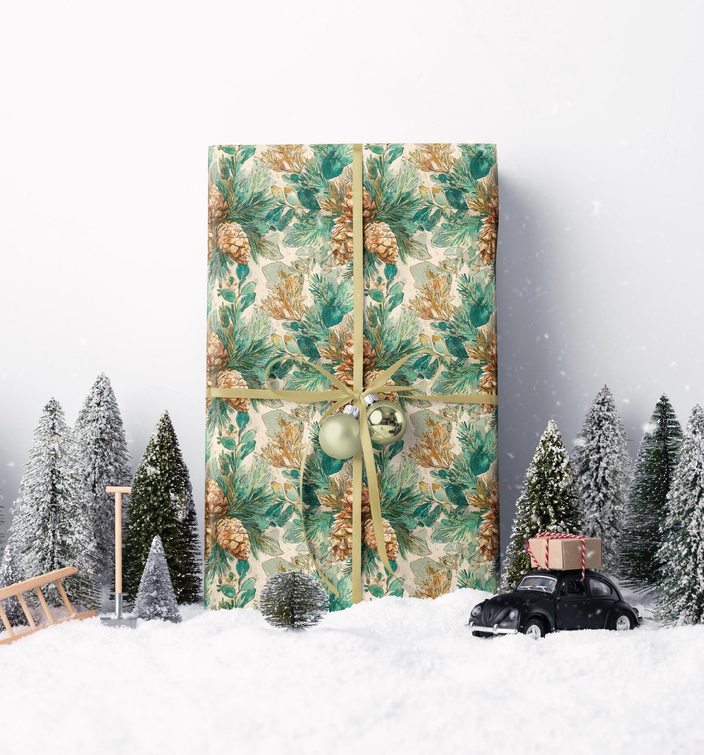Pinecone and Evergreen Wrapping Paper Roll, Forest Christmas Gift Wrap for Rustic Winter Packaging #12