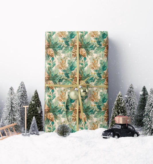 Pinecone and Evergreen Wrapping Paper Roll, Forest Christmas Gift Wrap for Rustic Winter Packaging #12