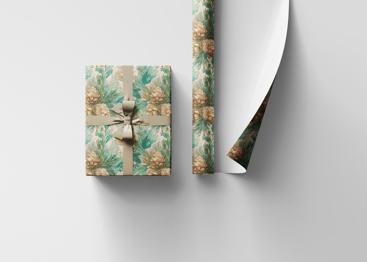Pinecone and Evergreen Wrapping Paper Roll, Forest Christmas Gift Wrap for Rustic Winter Packaging #12