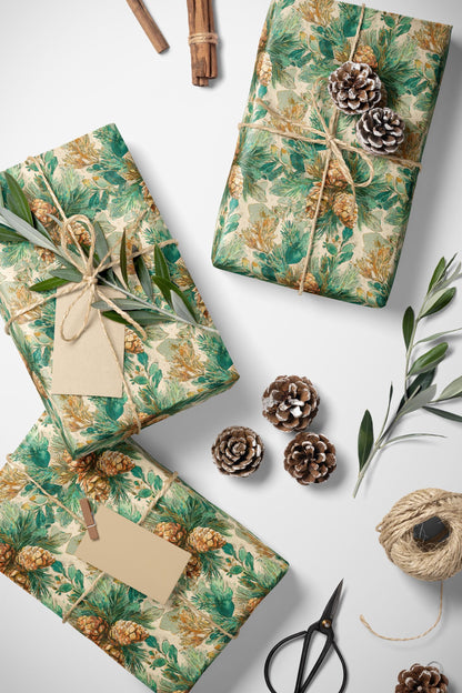 Pinecone and Evergreen Wrapping Paper Roll, Forest Christmas Gift Wrap for Rustic Winter Packaging #12