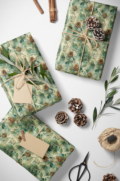 Christmas Wrapping Paper Roll with Pinecones and Trees, Winter Forest Gift Wrap for Seasonal Gifting #2
