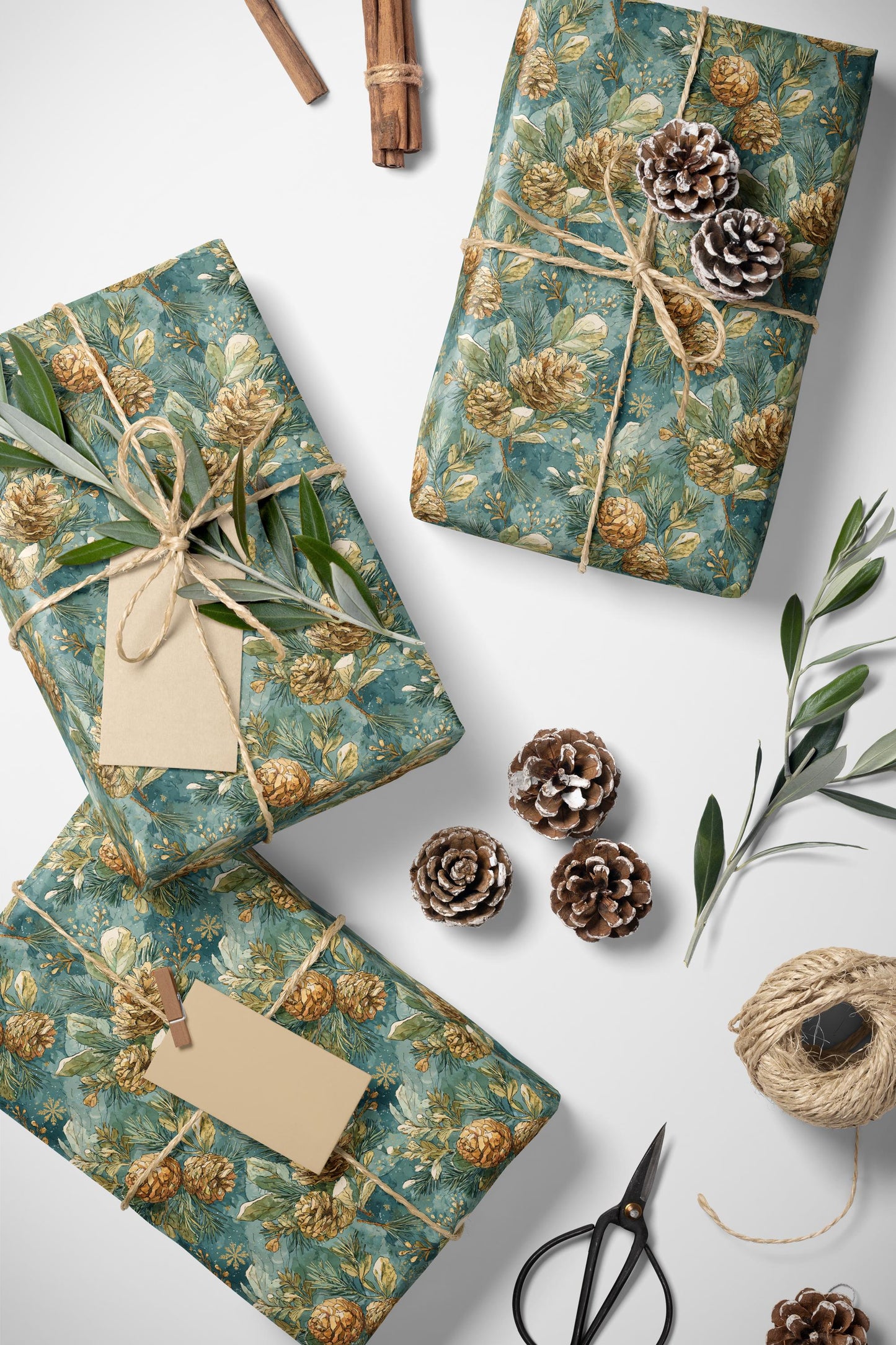 Winter Evergreen Wrapping Paper Roll, Pinecone and Tree Gift Wrap for Holiday and Christmas wrapping paper