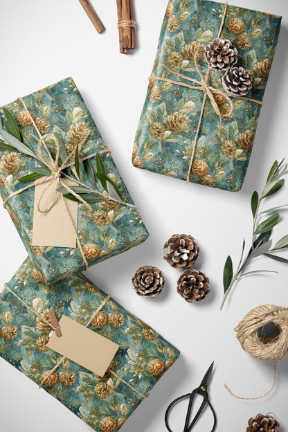 Winter Evergreen Wrapping Paper Roll, Pinecone and Tree Gift Wrap for Holiday and Christmas wrapping paper