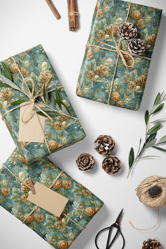 Winter Evergreen Wrapping Paper Roll, Pinecone and Tree Gift Wrap for Holiday and Christmas wrapping paper