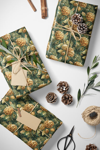 Rustic Christmas Wrapping Paper Roll, Winter Trees and Pinecones Gift Wrap for Holiday Gifts #4