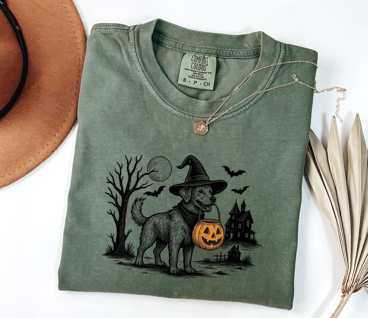 Comfort Colors® Halloween Dog Shirt, Witch Dog with Pumpkin Basket Shirt, Haunted House Fall Shirt, Spooky Pet Shirt, Spooky Witch Dog Shirt