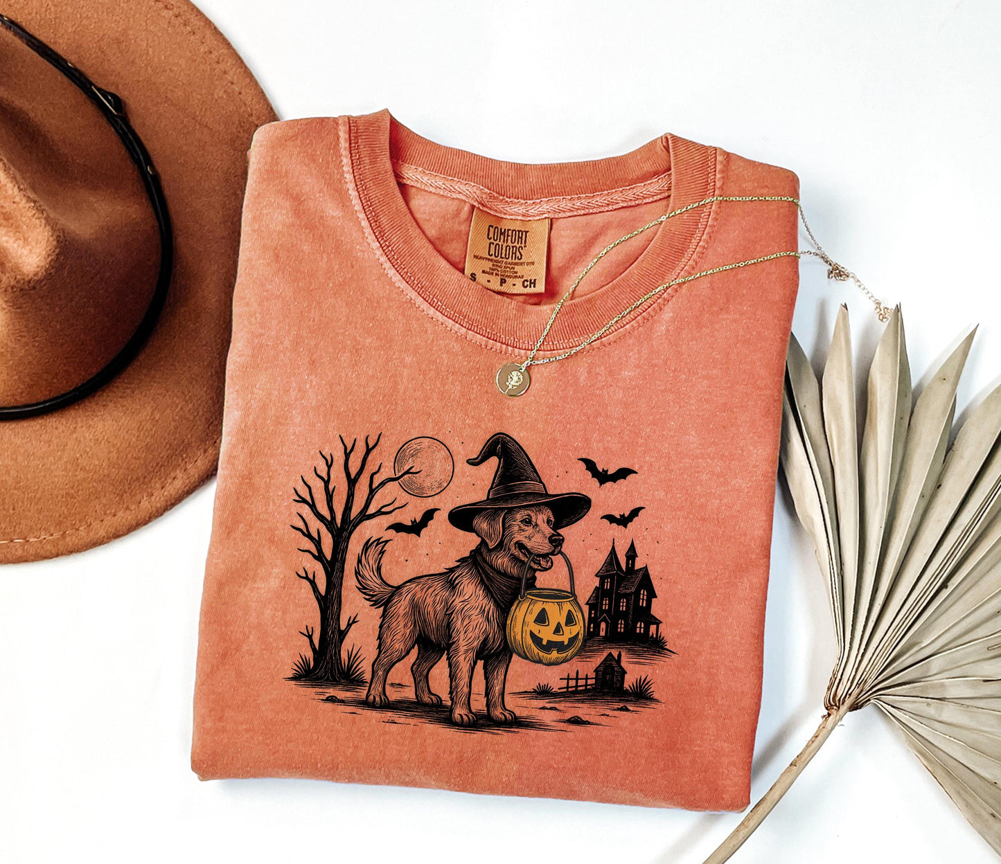 Comfort Colors® Halloween Dog Shirt, Witch Dog with Pumpkin Basket Shirt, Haunted House Fall Shirt, Spooky Pet Shirt, Spooky Witch Dog Shirt