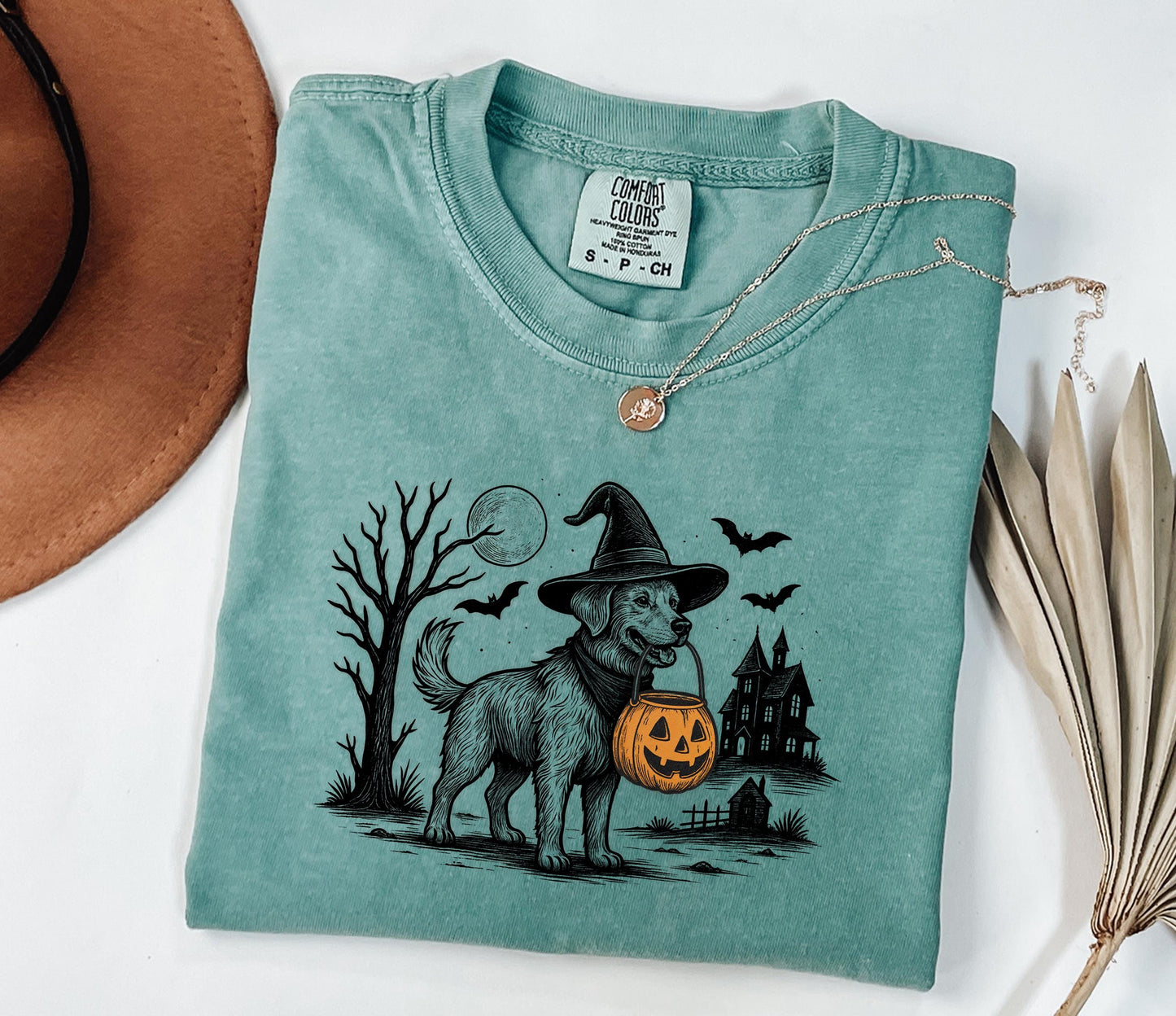 Comfort Colors® Halloween Dog Shirt, Witch Dog with Pumpkin Basket Shirt, Haunted House Fall Shirt, Spooky Pet Shirt, Spooky Witch Dog Shirt