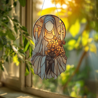 Holy Figure Window Hanging Decor with Yellow Flowers and Candle Halo, Spiritual Christian Gift, Catholic Religious Window Ornament Art