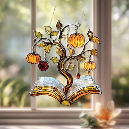 Autumn Book Tree Window Hanging Decor with Pumpkins and Leaves, Literary Fall Ornament for Book Lovers, Cozy Home Seasonal Decoration