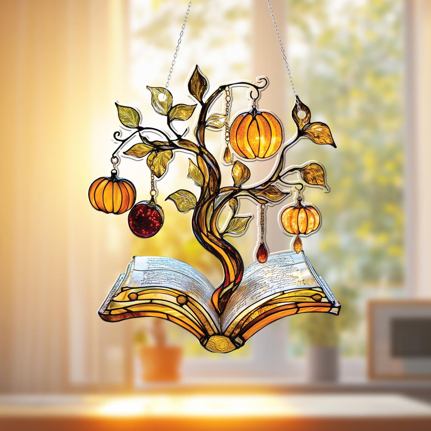 Autumn Book Tree Window Hanging Decor with Pumpkins and Leaves, Literary Fall Ornament for Book Lovers, Cozy Home Seasonal Decoration
