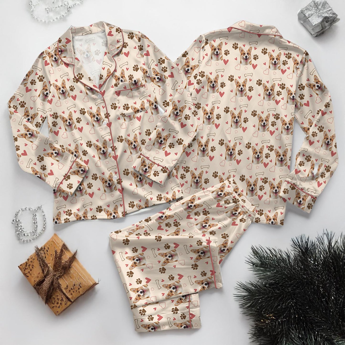Customized Pet Satin Pajamas Set, Pet Face Pajamas, Dog Lover PJs, Family Pajamas, Pet Portrait, Matching Pajamas