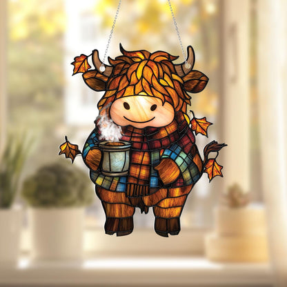 Cozy Fall Window Hanging with Highland Cow in Plaid Scarf, Autumn Leaves and Hot Cocoa Cup, Cute Farm Animal Decor for Seasonal Charm