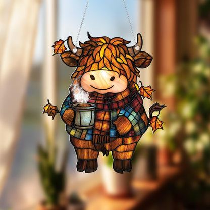 Cozy Fall Window Hanging with Highland Cow in Plaid Scarf, Autumn Leaves and Hot Cocoa Cup, Cute Farm Animal Decor for Seasonal Charm