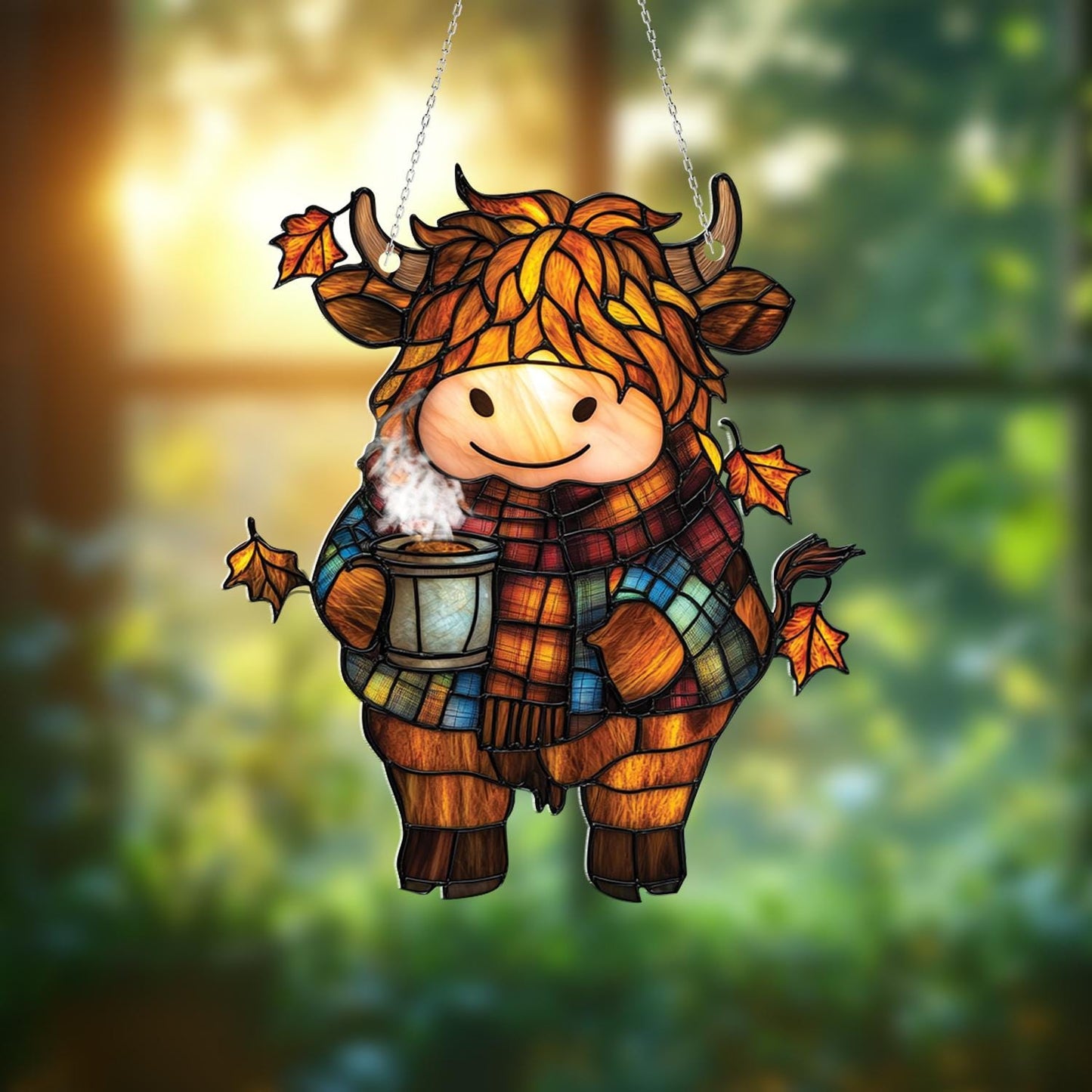 Cozy Fall Window Hanging with Highland Cow in Plaid Scarf, Autumn Leaves and Hot Cocoa Cup, Cute Farm Animal Decor for Seasonal Charm