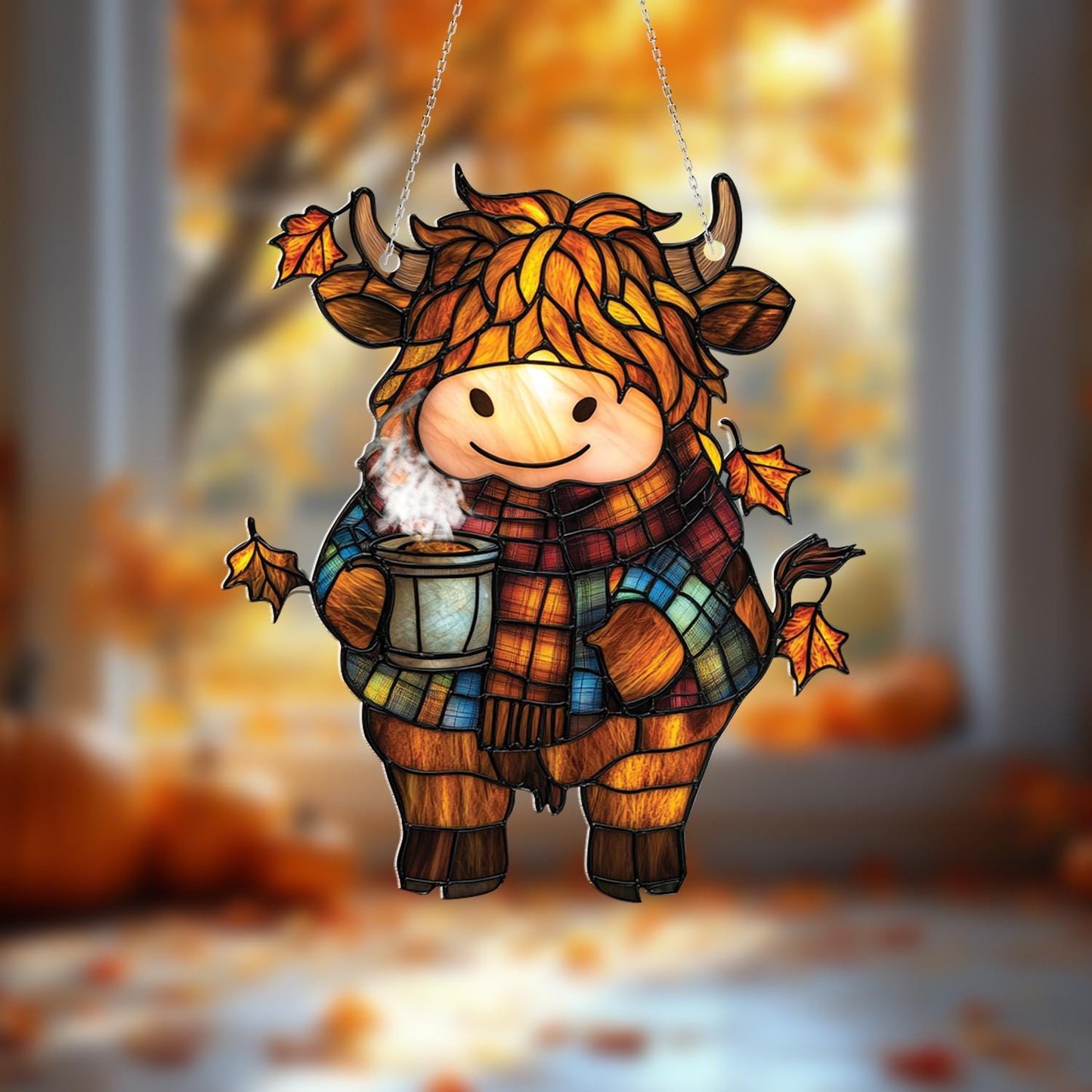 Cozy Fall Window Hanging with Highland Cow in Plaid Scarf, Autumn Leaves and Hot Cocoa Cup, Cute Farm Animal Decor for Seasonal Charm