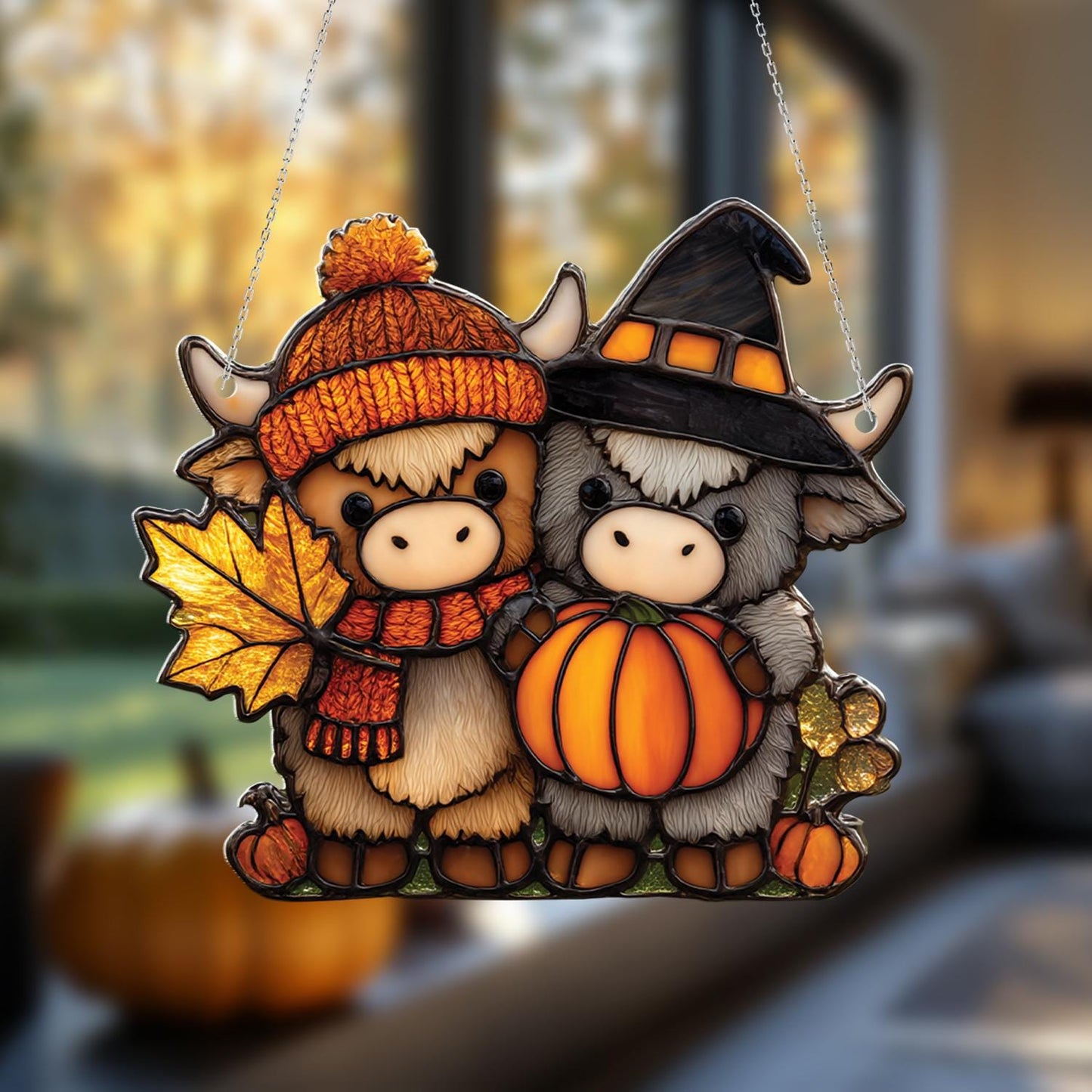 Cute Highland Cow Window Hanging with Pumpkin and Autumn Leaves, Fall Farm Animal Decor for Halloween and Thanksgiving Home Accent