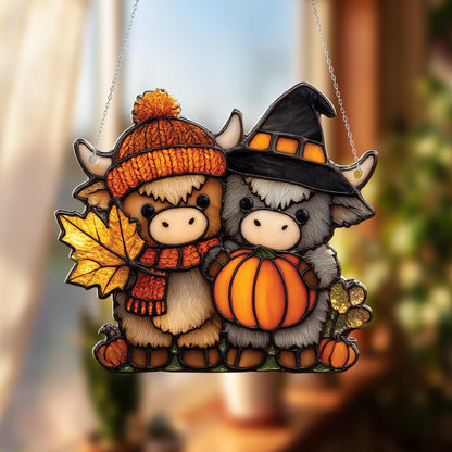 Cute Highland Cow Window Hanging with Pumpkin and Autumn Leaves, Fall Farm Animal Decor for Halloween and Thanksgiving Home Accent