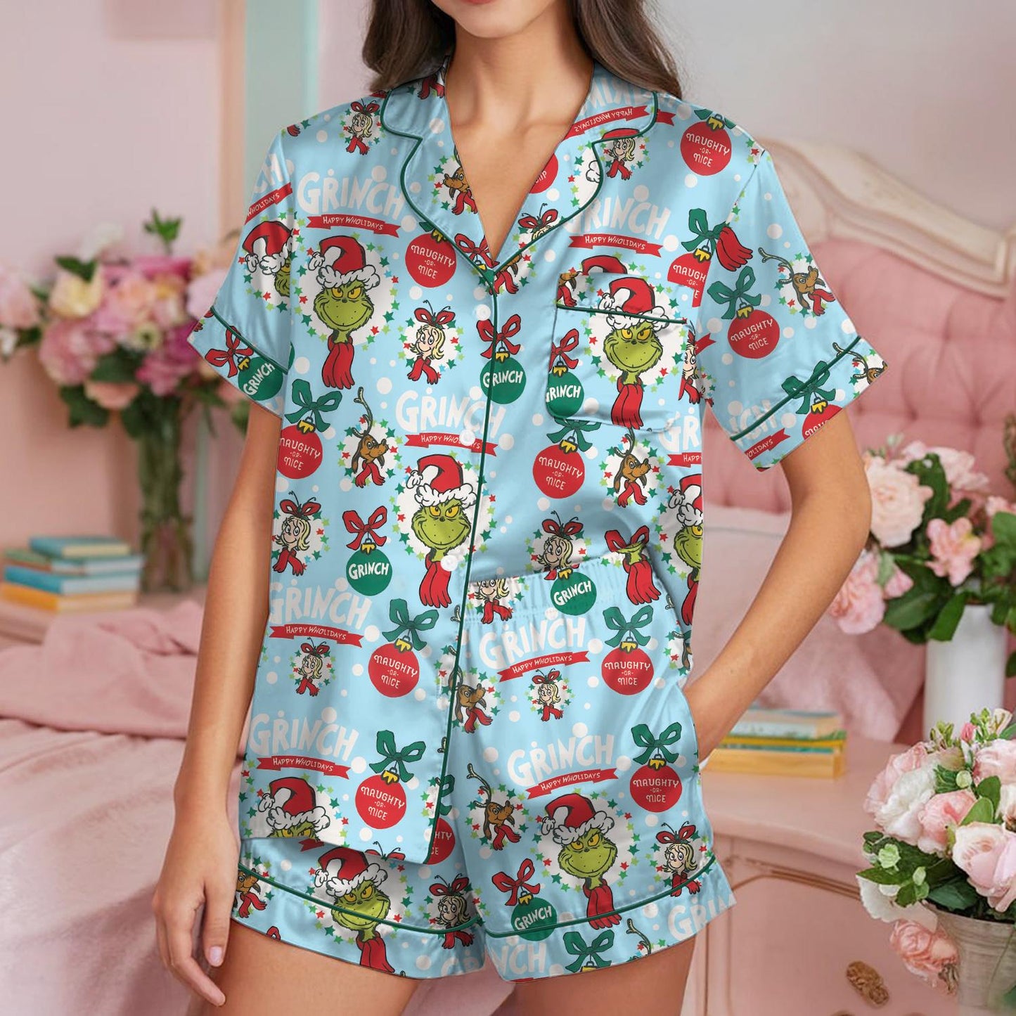 Grinch Christmas Coquette Pajama Set, Grinchmas Christmas  Sleepwear, Grinchy Loungewear, Green Guy Pajamas, Christmas Movie Character Pjs