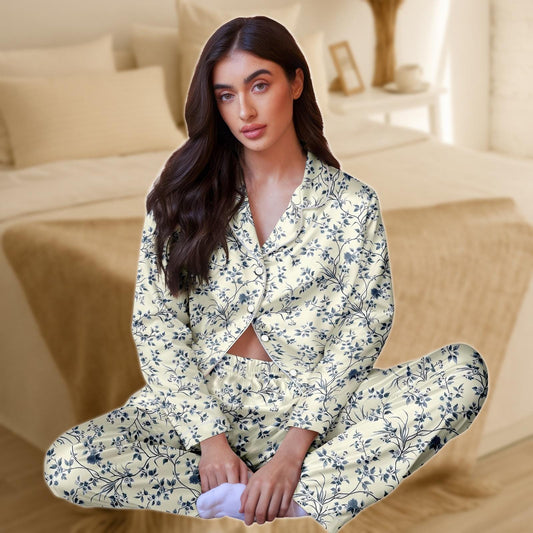 Floral Satin Pajama Set for Women, Cream and Navy Blue Botanical Print Sleepwear, Long Sleeve Loungewear, Silky Two Piece PJs