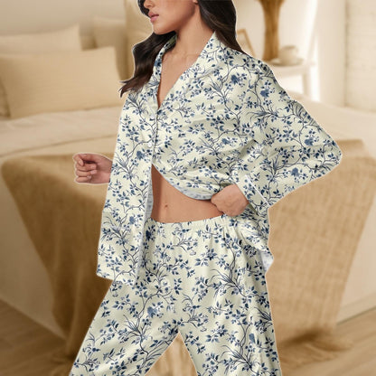 Floral Satin Pajama Set for Women, Cream and Navy Blue Botanical Print Sleepwear, Long Sleeve Loungewear, Silky Two Piece PJs