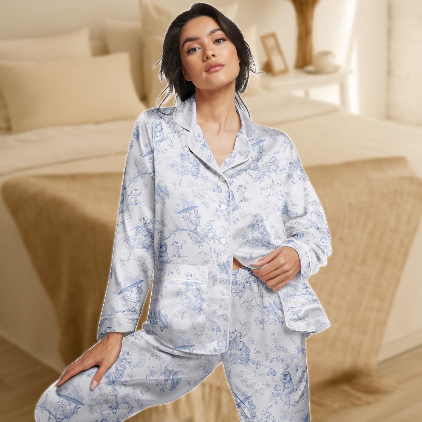 Blue Toile Satin Pajama Set for Women, Fairytale Print Long Sleeve Sleepwear, Soft Silky Lounge Set, Elegant Piece Nightwear, Gift For