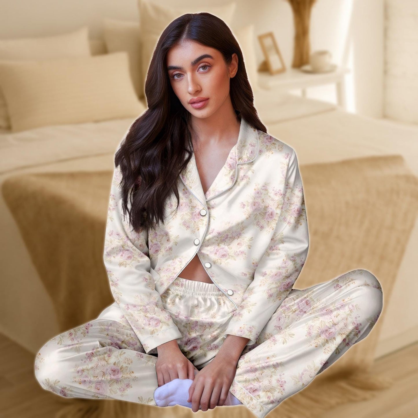 Pastel Floral Satin Pajama Set for Women, Soft Pink Rose Print Sleepwear, Elegant Long Sleeve Loungewear, Silky Two Piece Set, Gift For