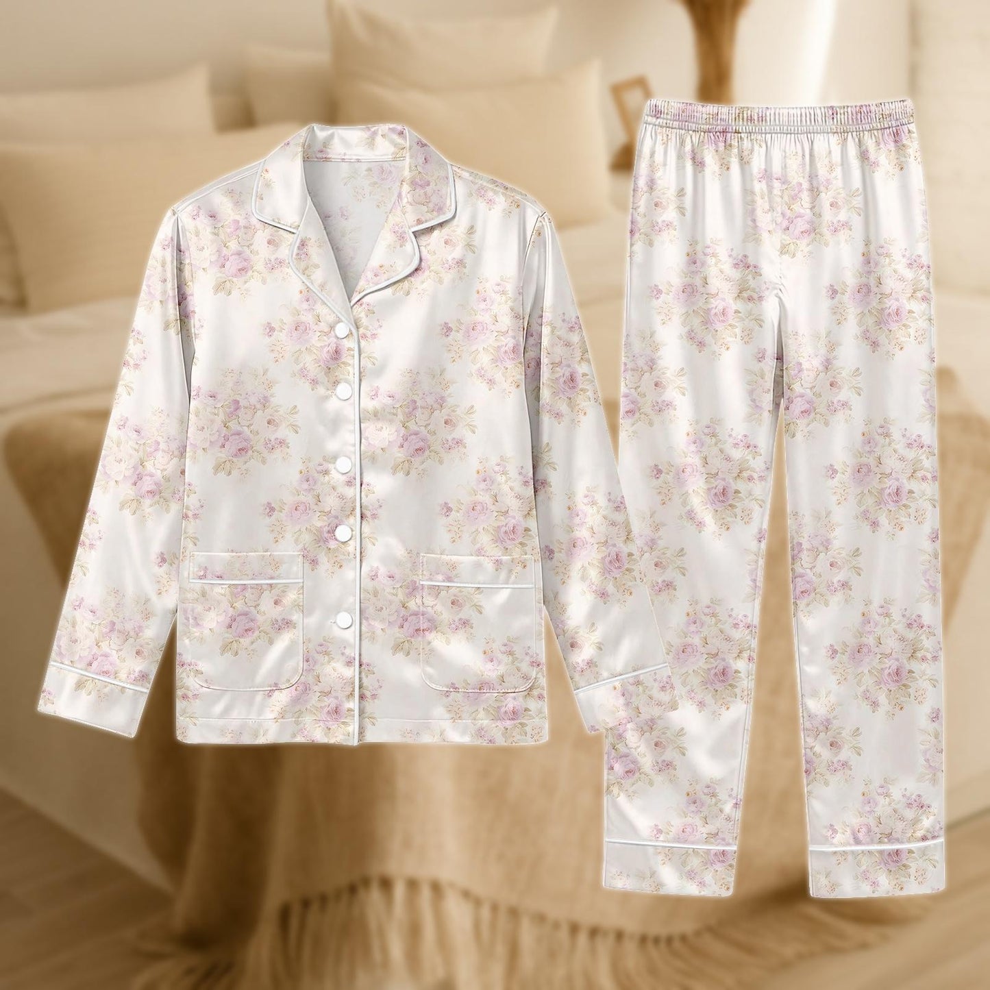 Pastel Floral Satin Pajama Set for Women, Soft Pink Rose Print Sleepwear, Elegant Long Sleeve Loungewear, Silky Two Piece Set, Gift For