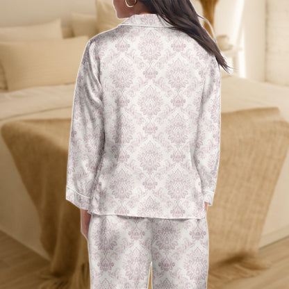 Damask Print Satin Pajama Set for Women, Lavender Baroque Sleepwear, Silky Long Sleeve Loungewear, Elegant Vintage Style PJs, Gift for