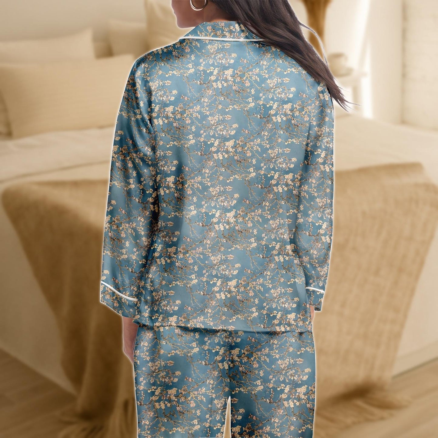 Blossom Satin Pajama Set for Women, Teal and Gold Floral Sleepwear, Van Gogh Inspired Long Sleeve PJs, Silky Elegant Loungewear