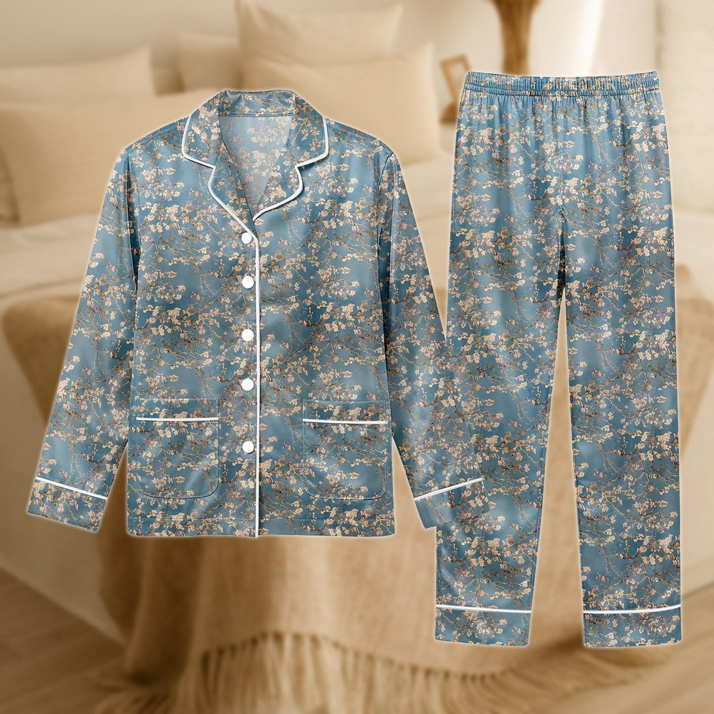 Blossom Satin Pajama Set for Women, Teal and Gold Floral Sleepwear, Van Gogh Inspired Long Sleeve PJs, Silky Elegant Loungewear
