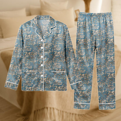 Blossom Satin Pajama Set for Women, Teal and Gold Floral Sleepwear, Van Gogh Inspired Long Sleeve PJs, Silky Elegant Loungewear