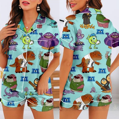 Monster University Unisex Satin Pajamas Set, Spooky Season Pajamas , Long Sleeve And Short Styles