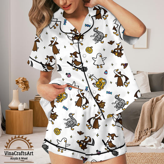 Spooky Goose Halloween Pajamas – Long Sleeve Cute Sleepwear with Witch, Mummy & Pumpkin Geese | Funny Fall PJs for Women