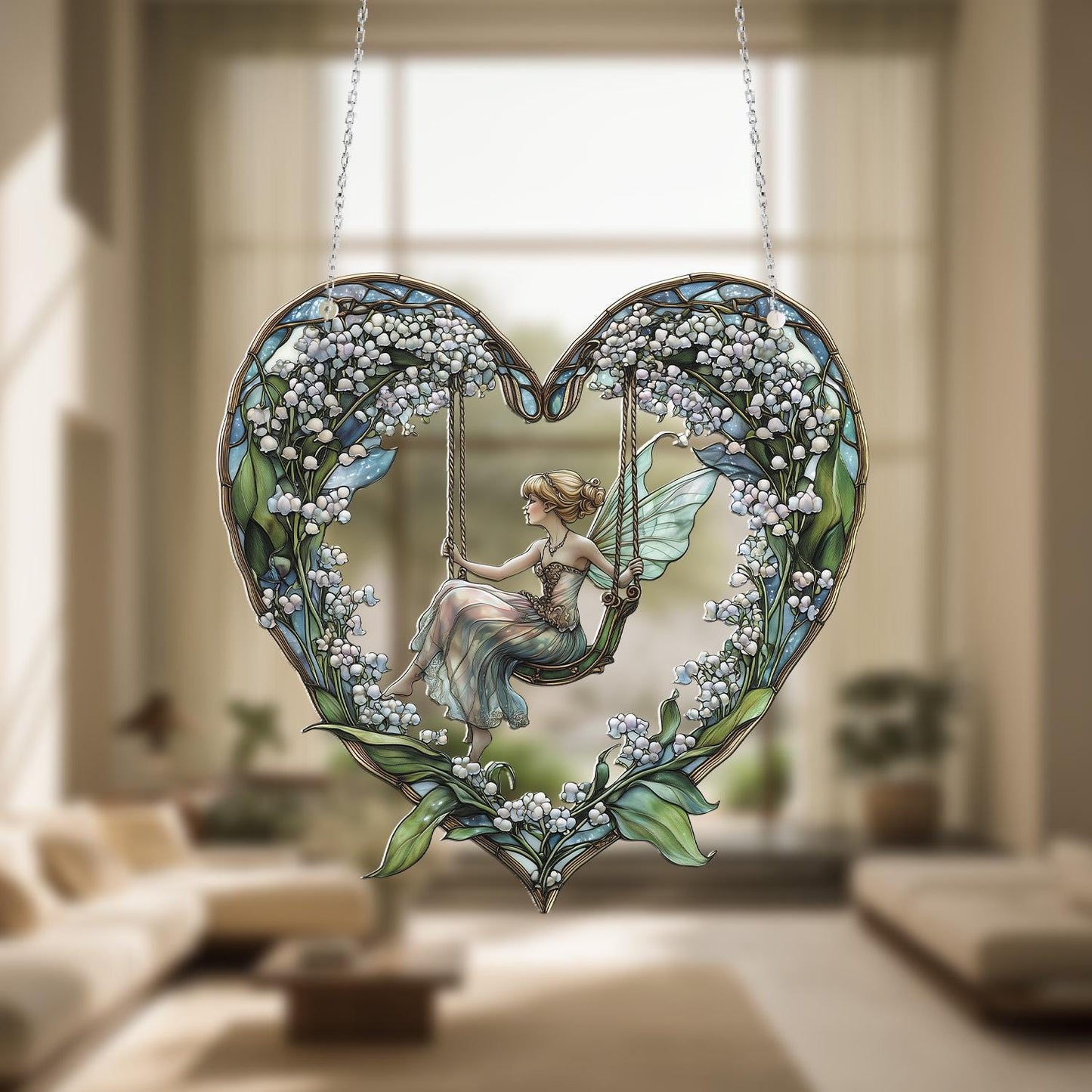 Heart-Shaped Fairy Swing Hanging Decor, Floral Fantasy Window Ornament, Handcrafted with Lily of the Valley, Elegant Home Accent