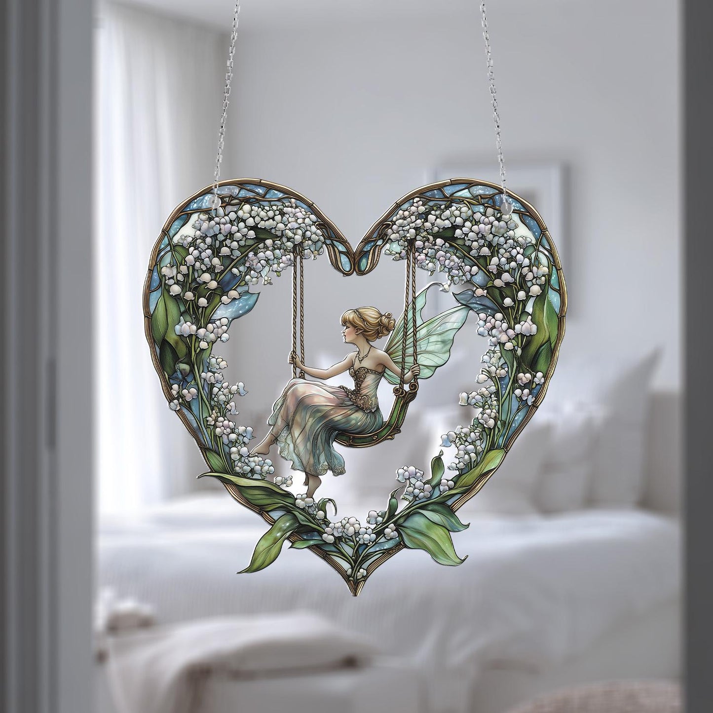 Heart-Shaped Fairy Swing Hanging Decor, Floral Fantasy Window Ornament, Handcrafted with Lily of the Valley, Elegant Home Accent
