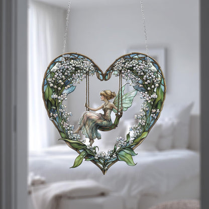 Heart-Shaped Fairy Swing Hanging Decor, Floral Fantasy Window Ornament, Handcrafted with Lily of the Valley, Elegant Home Accent