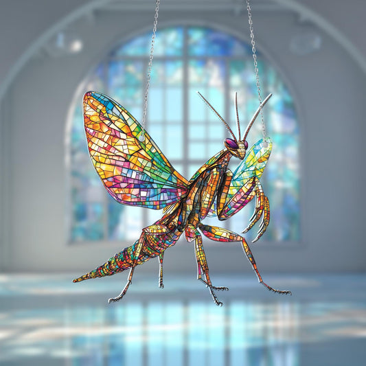 Vibrant Mantis Window Hanging Ornament, Handcrafted Stained Glass-Inspired Bug Decor, Colorful Home Accent, Insect Art Piece