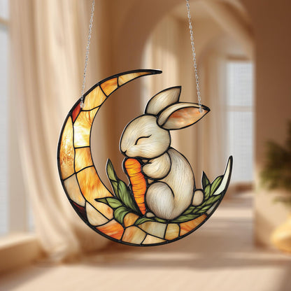 Crescent Moon Bunny Hanging Ornament, Handcrafted Stained Glass Rabbit, Cute Carrot Decor for Home, Whimsical Window Accent