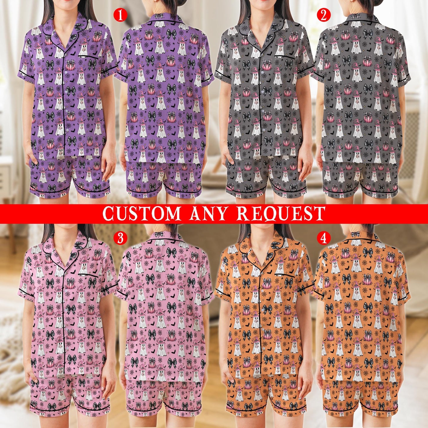 Pink Boo Ghost Halloween Pajama Set, Coquette Halloween Satin Pajama Set, Spooky Season Sleepwear, Trick Or Treat Matching Halloween PJs