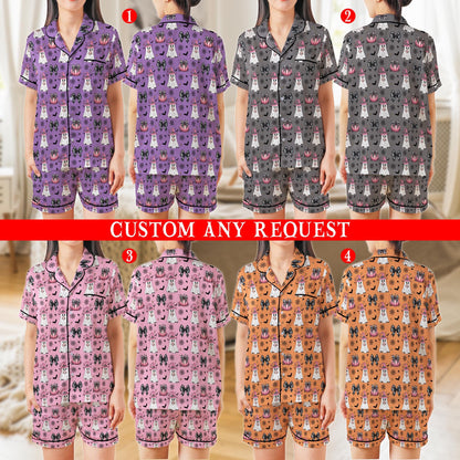 Pink Boo Ghost Halloween Pajama Set, Coquette Halloween Satin Pajama Set, Spooky Season Sleepwear, Trick Or Treat Matching Halloween PJs