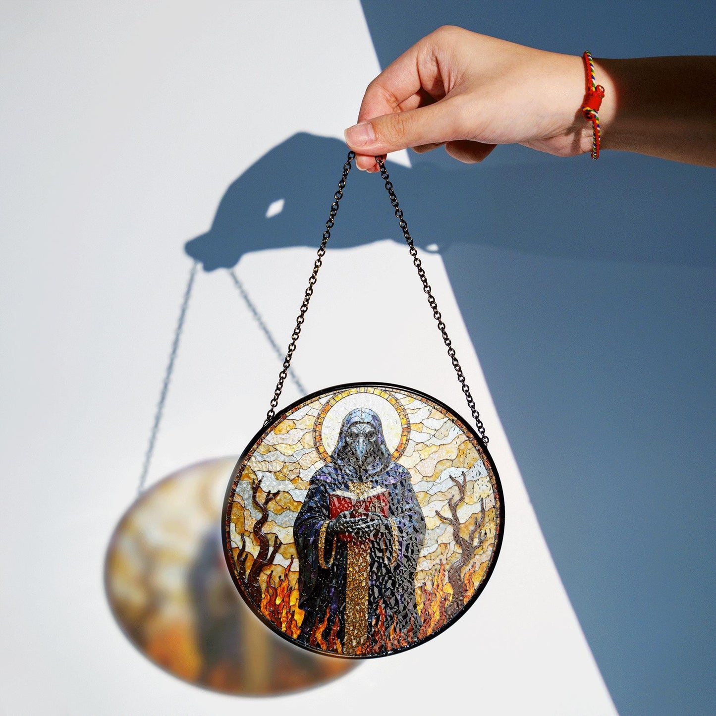 suncatcher stained glass style grim reaper figure with flames and halo Halloween gift gothic decor
