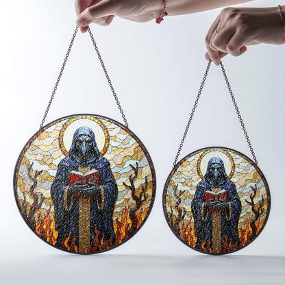 suncatcher stained glass style grim reaper figure with flames and halo Halloween gift gothic decor